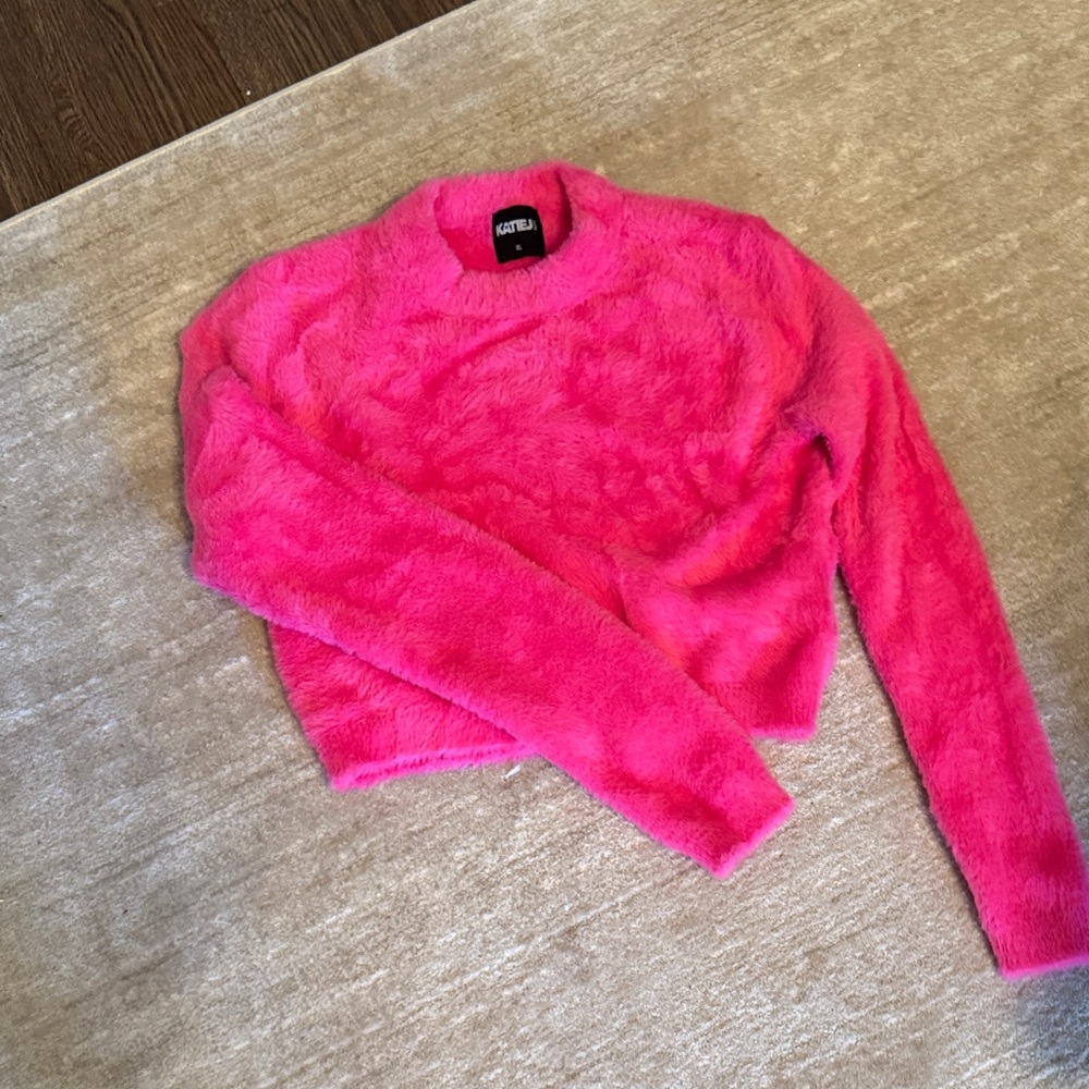 Katie J NYC Fuzzy Hot Pink Crewneck Sweater